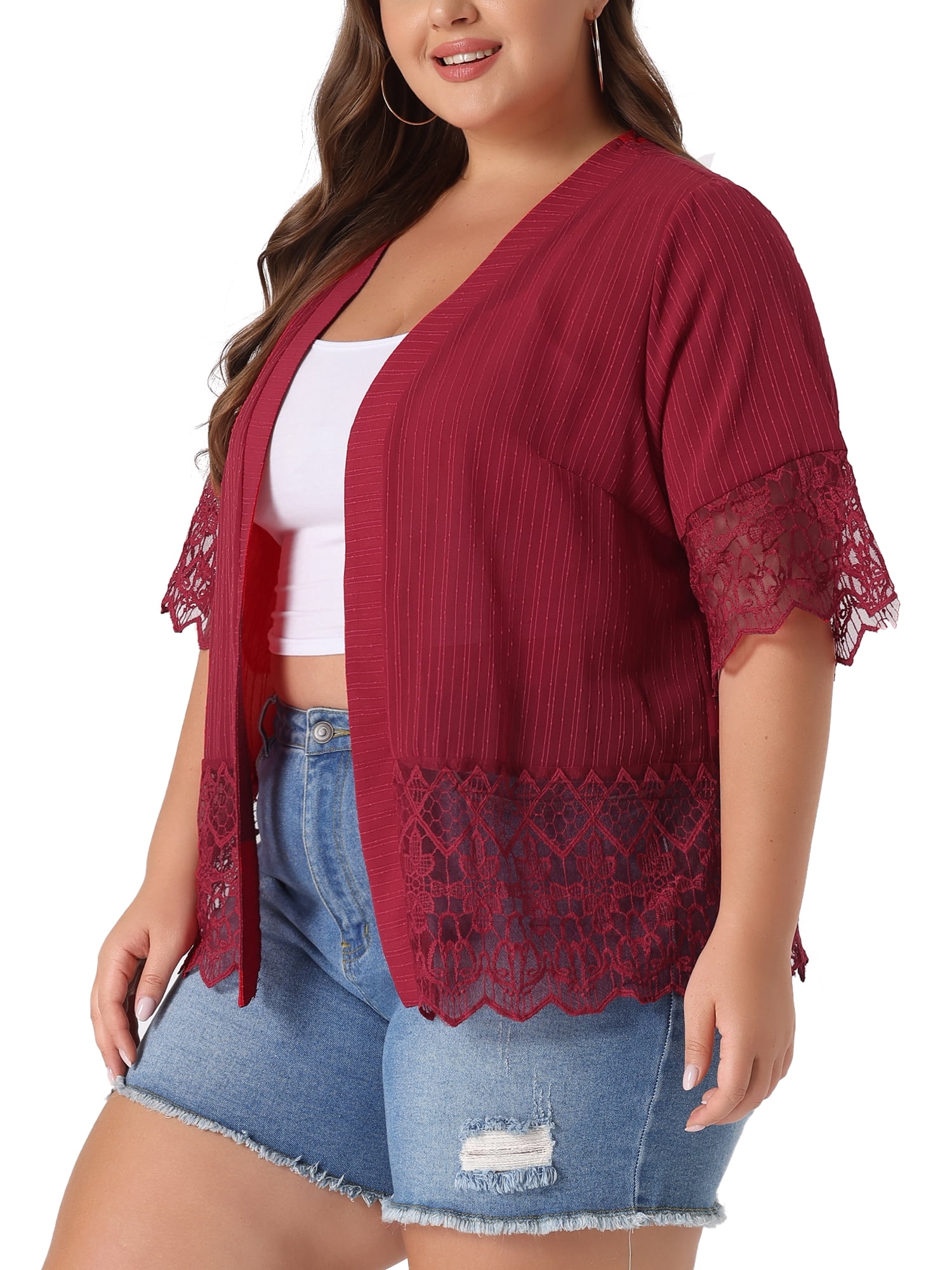 DARING DIVA Women's Plus Size 1/2 Sleeve Bohemian Kimono Cardigan 4X Burgundy