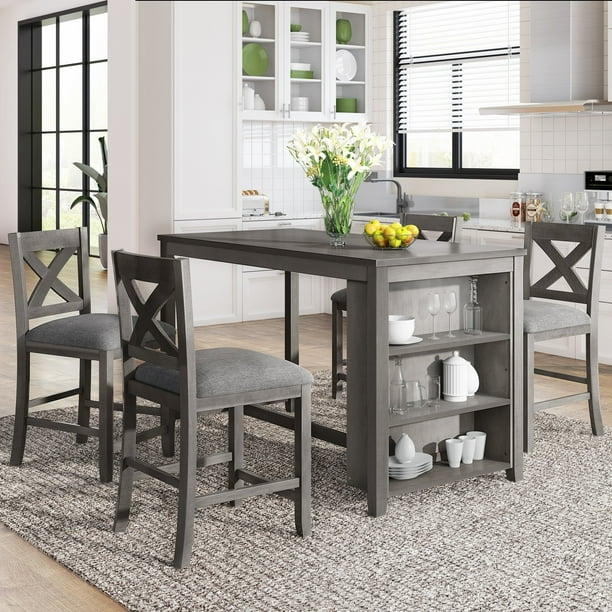 5 Piece Counter Height Dining Set Rustic Farmhouse Room Table Wooden Bar With Storage Shelves And Chairs Stools For 4 Persons Com Rustic Farmhouse Dining Room Table Set, Farmhouse Dining Table With Storage