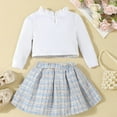 thumbnail image 6 of Odeerbi Toddler Girls Fall Winter Outfits Plaid Rib Knit Skirt Set College Style Solid Color V-neck Top Pleated Skirt Set Toddler Clothes Light Blue, 6 of 7