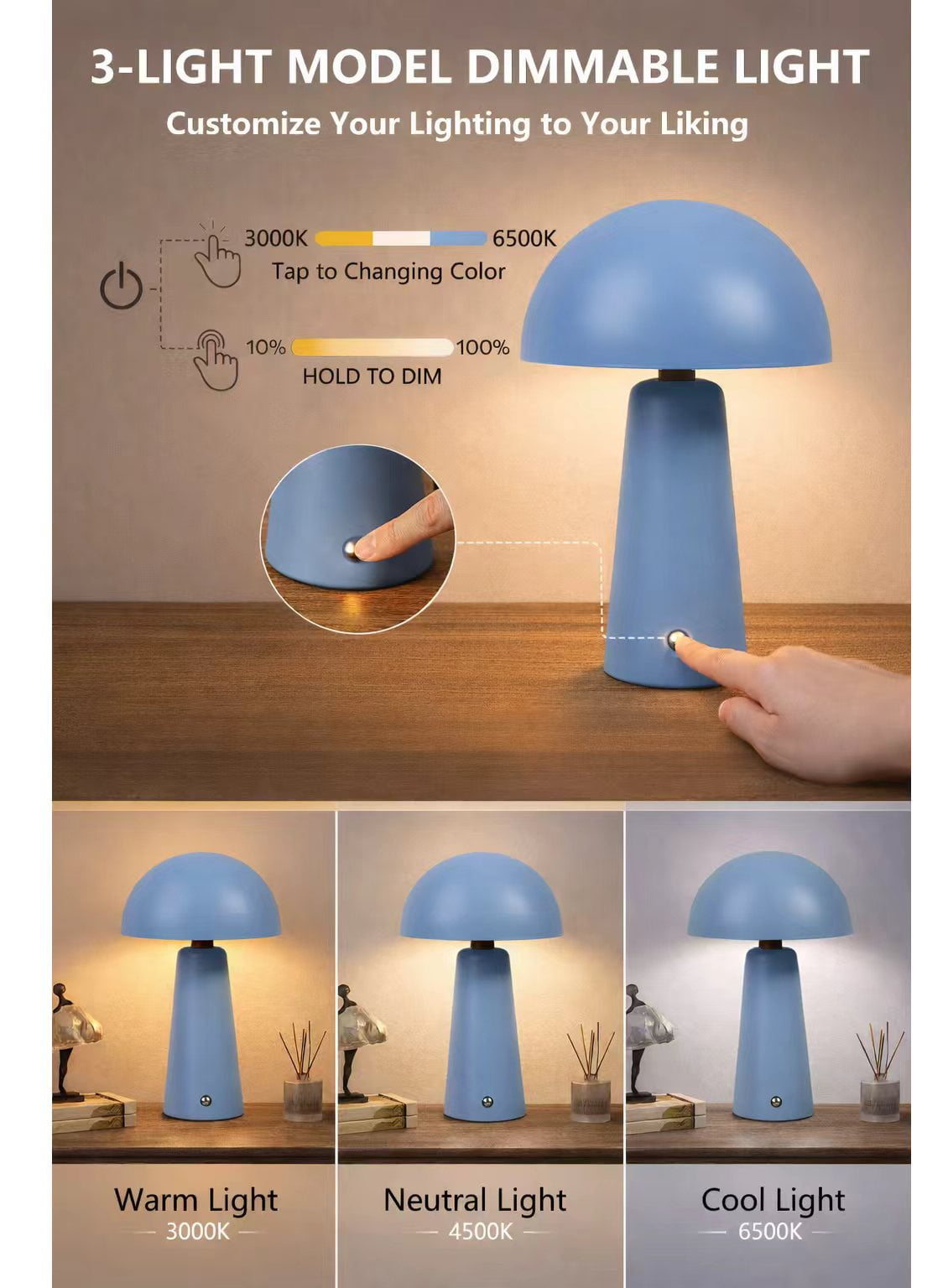Better Homes & Gardens 9.5" Blue Dome Rechargeable LED Portable Lamp with Dimmable Touch Sensor