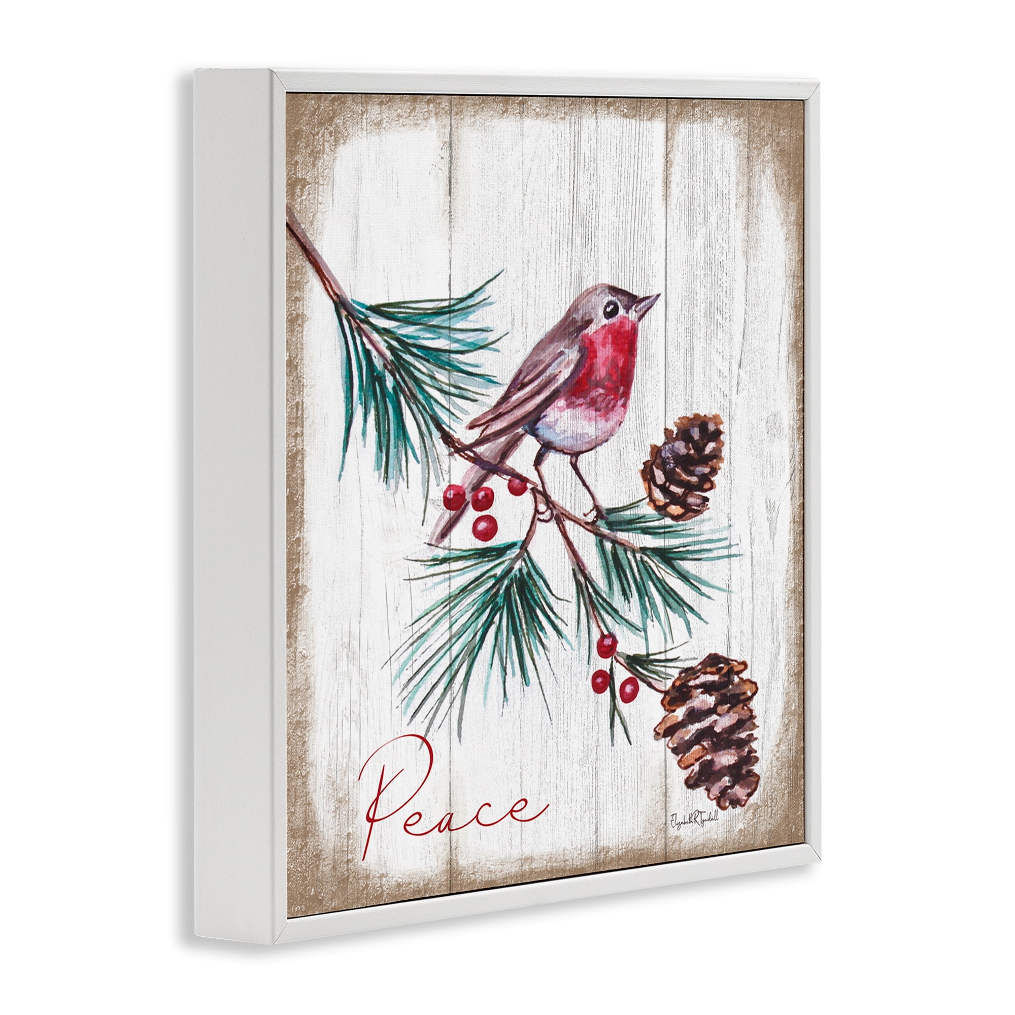 Stupell Industries Rustic Bird & Pinecones Holiday Painting White Framed Art Prints Wall Art, 12 x 12