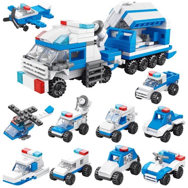 Juguete de bloques de construcción para niños, ensamblaje de partículas pequeñas, coche de policía blindado para niños, 10 cajas (Lele Brothers 9113), caja