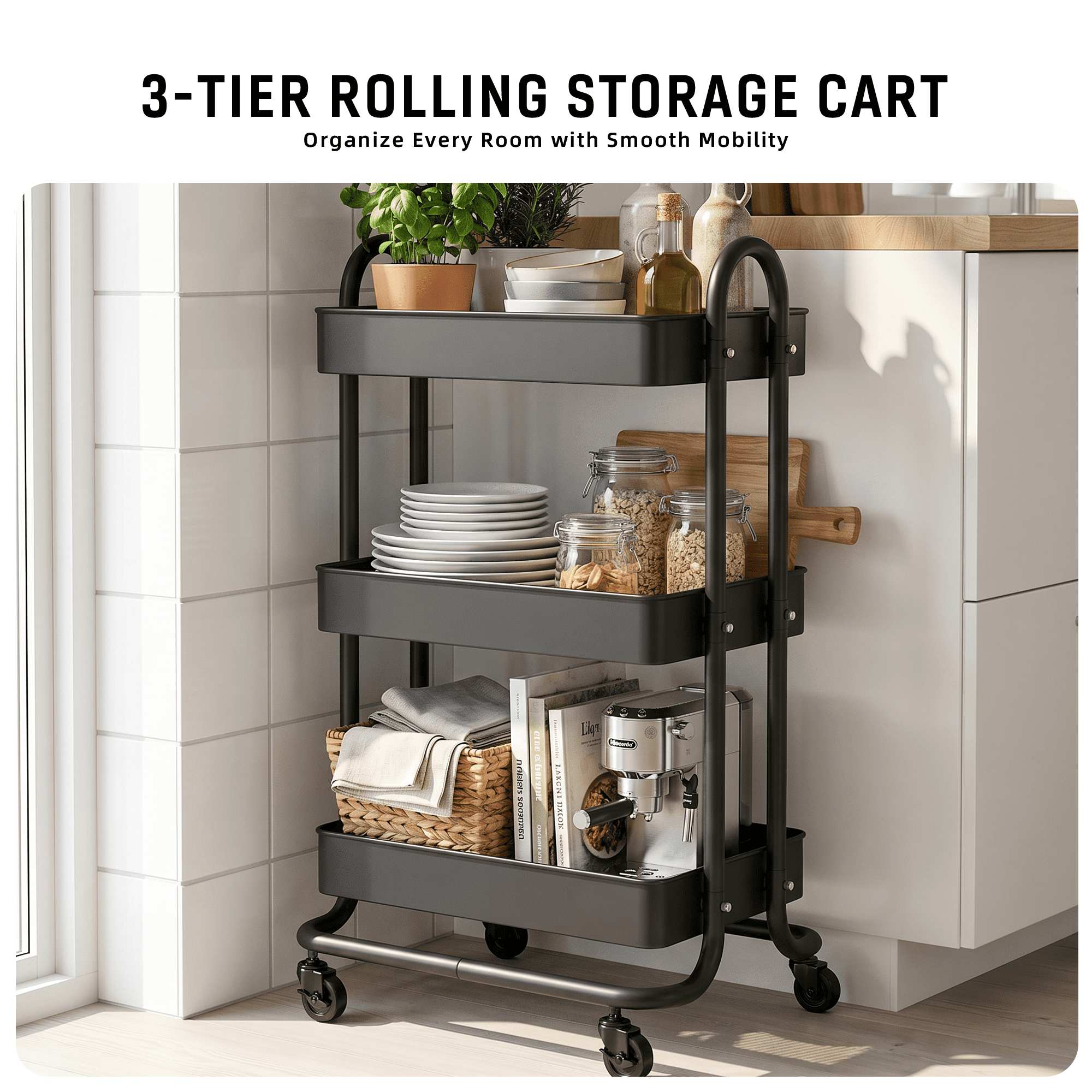 Fenbeli 3-Tier Metal Rolling Utility Cart with Wheels, black, 18"L x 13.4"W x 31"H