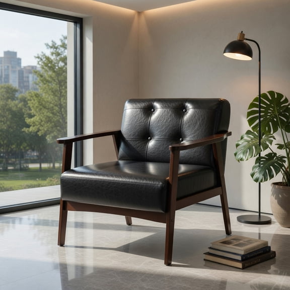 Resenkos Rubber Wood Frame Accent Chair with Armrest, Mid-Century Comfort Chair for Living Room, Bedroom, Black