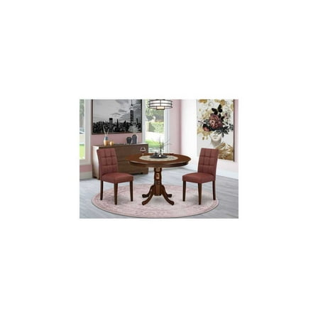 Dining Table Set - 3 Piece Round Kitchen Table with 2 Burgundy Chairs - Mahogany Finish