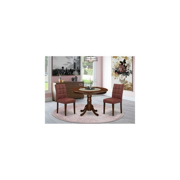 Dining Table Set - 3 Piece Round Kitchen Table with 2 Burgundy Chairs - Mahogany Finish