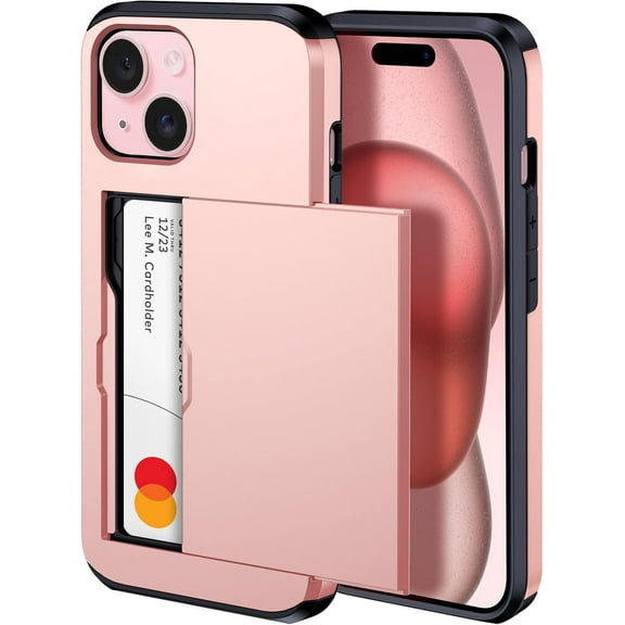 𝟐𝟎𝟐𝟒 𝗡𝗘𝗪 iPhone 15 Case with Card Holder - Wireless Charging Compatible iPhone 15 Wallet Case with Hidden Card Slot for Women and Men (Pink Gold)