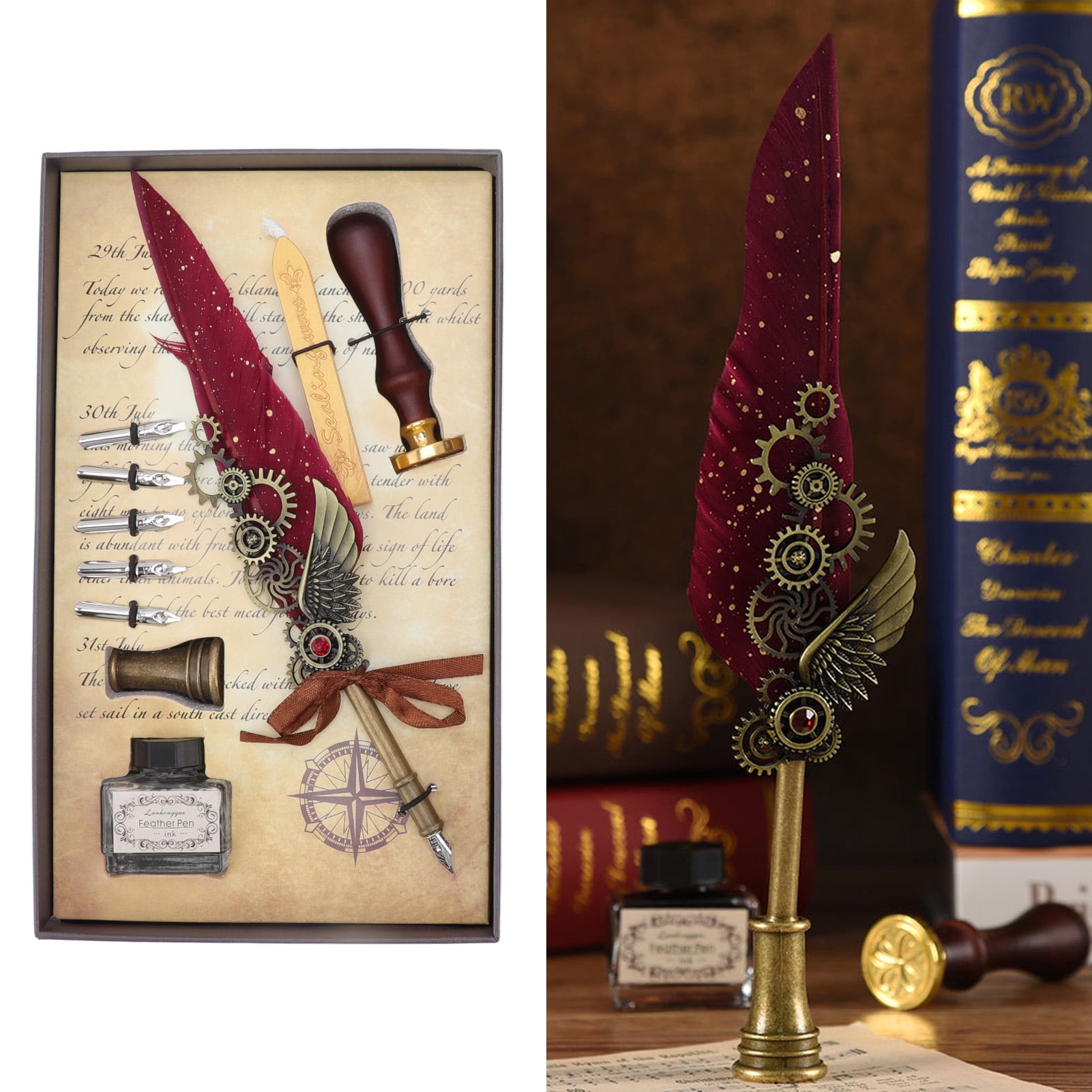 Nieyigj Vintage Mechanical Feather Quill Dip Pen Set with Brass Base, Wax Seal Stamp, and 5 Replacement Nibs - Elegant Wine Red Calligraphy Writing Kit for Artists and Beginners