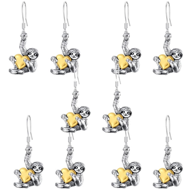 Aretes para Dama SlothyLov 5 Pzas Aretes Oso Perezoso/Corazón Gris/Dorado Metal.