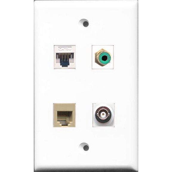 RiteAV 1 Port RCA Green and 1 Port Phone RJ11 RJ12 Beige and 1 Port BNC and 1 Port Cat5e Ethernet White Wall Plate