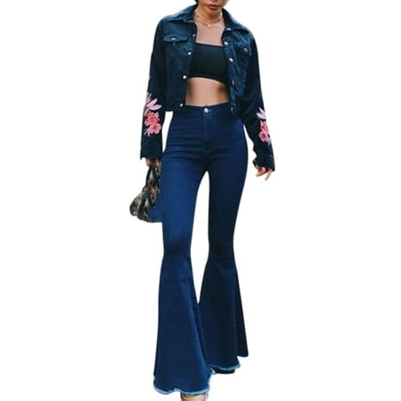 Womens High Waist Classic Flare Bell Bottom Denim Jeans Pants Soiid Slim Fit Skinny Trousers Flare