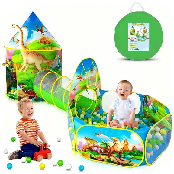 Wilwolfer 3PC Dinosaur Kids Play Tent for Toddlers with Baby Ball Pit & Pop-up Tunnel Indoor Outdoor Polyester Toys