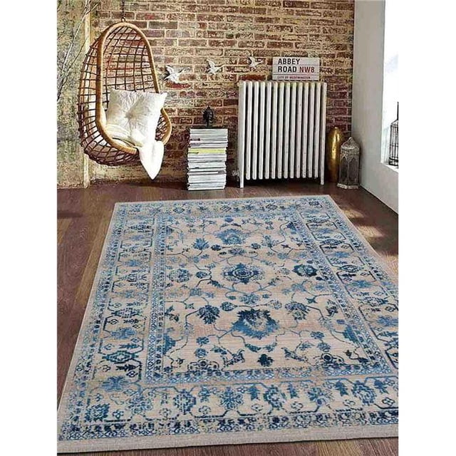 5 Pi x 7 Pi 10 Po Tapis Tissé à la Machine en Polyester Rectangle Oriental&44; Ivoire & Bleu