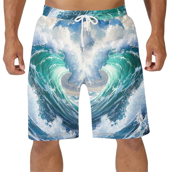 Fnnxeal Big and Tall Mens Swim Trunks Sky Blue Wave Print Board Shorts Quick Dry Surf Beach Shorts with Drawstring,Size 4XL
