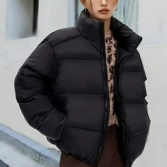 Short Solid Color Stand Up Collar Women's Winter Jacket