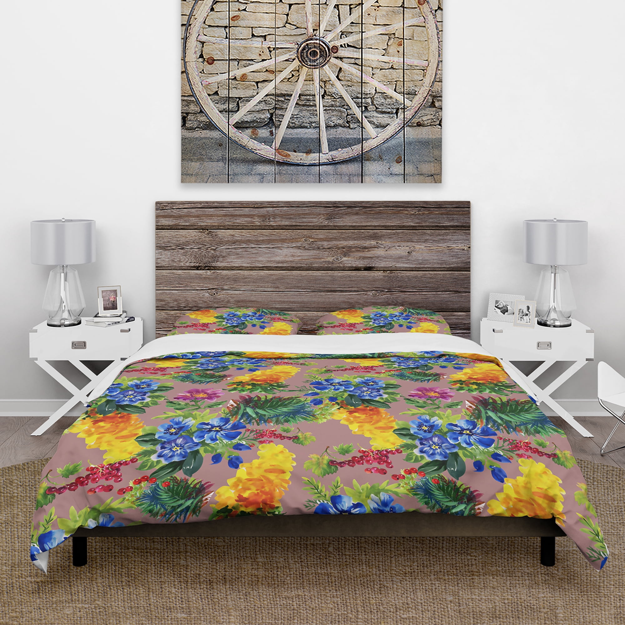 Designart 'Blue and Yellow and Pink Flower with Little Red Berries' Abstract Duvet Cover Set