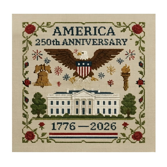 VANIDO America 250Th Anniversary Cross Kit Patriotic Needlepoint Set with Flag Eagle Liberty Bell Drum 1776 to 2026 Embroidery Sampler for Home Decor and Gift