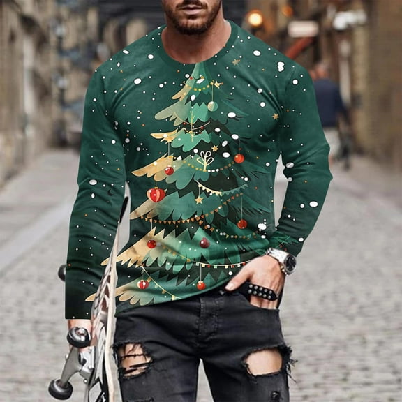 WXLWZYWL Mens Christmas Sweatshirts Trendy Big and Tall Crew Neck Tree Printed Sweatshirt Pullover Tops Party Outfit