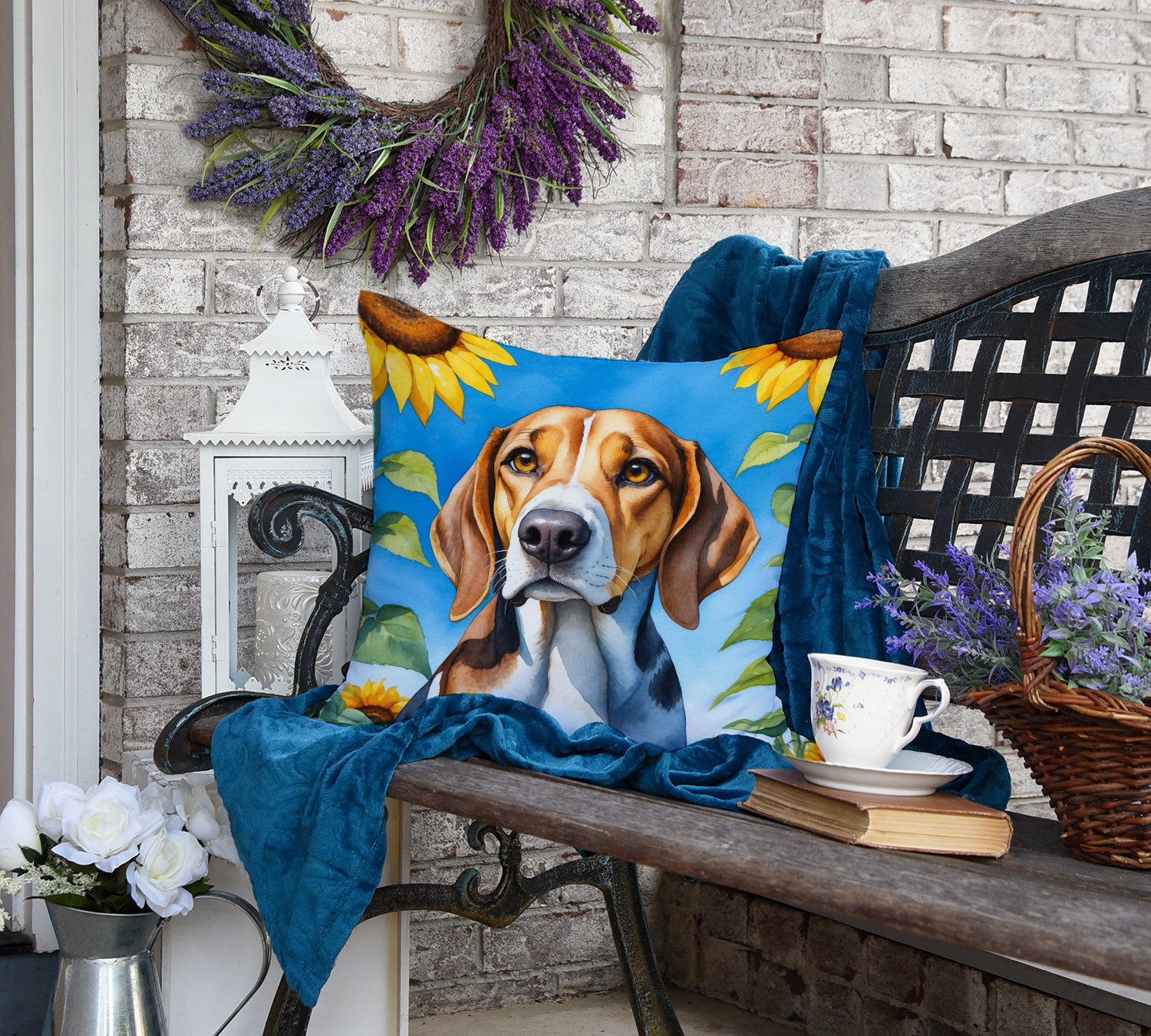 Foxhound in Sunflowers Throw Pillow 18 in x 18 in