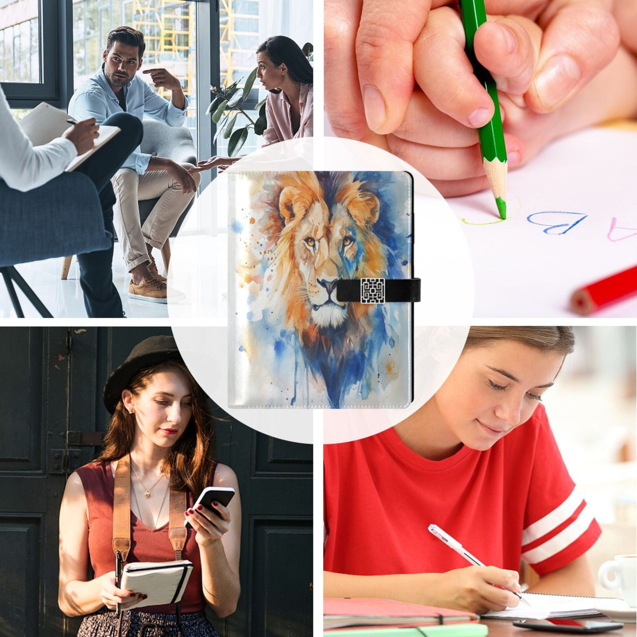 Leather Planner Leather Notebook Notebook Journal Binder Design Pen Pocket Design Convenient for Storage Watercolor Lion
