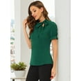 thumbnail image 3 of DARING DIVA Bow Tie Neck Office Elegant Short Sleeve Blouse Top S Deep Green, 3 of 6
