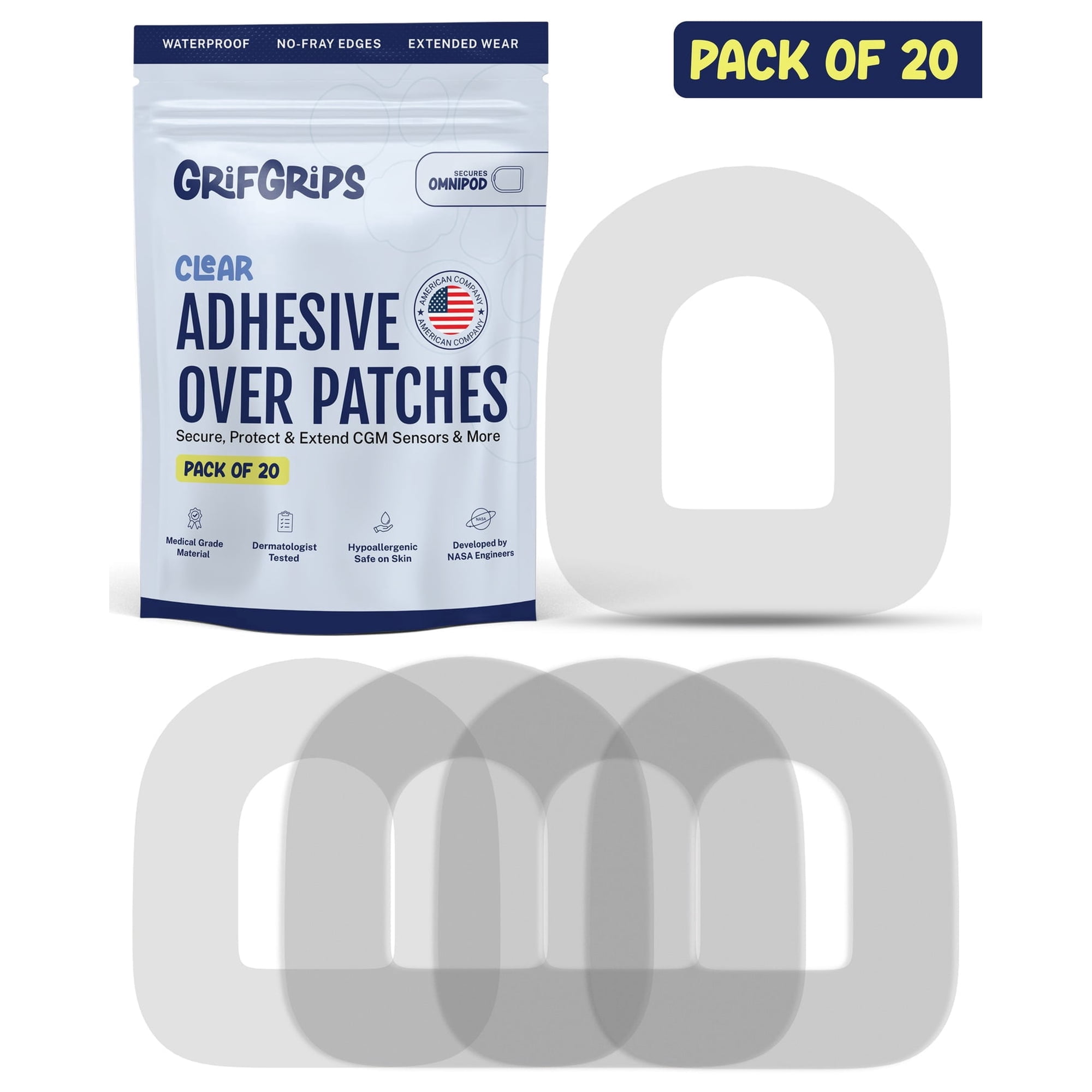 GrifGrips® Omnipod 5 Overpatches Waterproof – Transparent Adhesive Patches CGM Covers Compatible for Omnipod Overpatches, Insulin Pump Patch Omni Pod Cover - Pack of 20