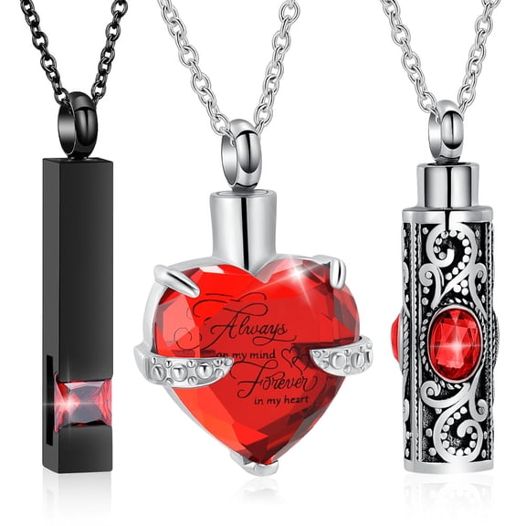 3 Pieces Heart & Cylinder Ashes Urn Necklace Crystal Cremation Necklace Waterproof Birthstones Memorial Pendant Stainless Steel Keepsake Jewelry