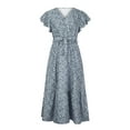 thumbnail image 3 of Robe à Manches Courtes pour Femmes Robes pour Femmes à Manches Courtes Col en V à Volants Robe Midi à Imprimé Floral avec Ceinture, 3 of 8