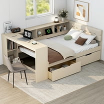 Newest Wood Full Size Platform Bed with Storage Shelves, Drawers, Charging Station , Upholstered Headboard, Cream