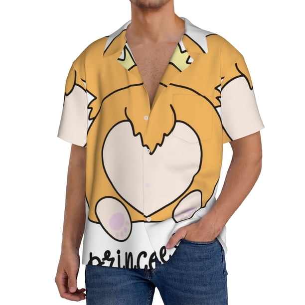 Balery Prince Corgi Dog Camisa Casual de Manga Corta con Botones para Hombre, Texturizada, Estilo Cubano, para Playa, Verano-Large