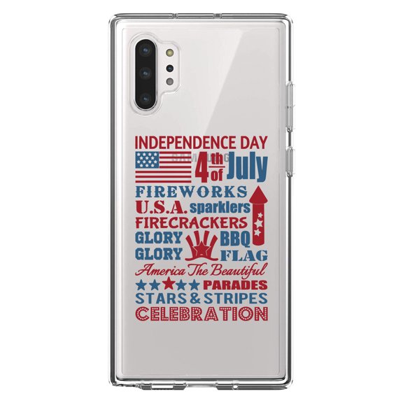 DistinctInk Clear Shockproof Hybrid Case for Galaxy Note 10 PLUS (6.8" Screen) - TPU Bumper Acrylic Back Tempered Glass Screen Protector - Independence Day Word Art