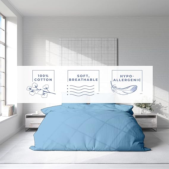 Homi Drapes 100% Egyptian Cotton 3 Piece Duvet Cover Set - Breathable All Season Comforter Cover with Zipper Closure & Corner Ties Sateen Weave (Aqua Blue, California King)
