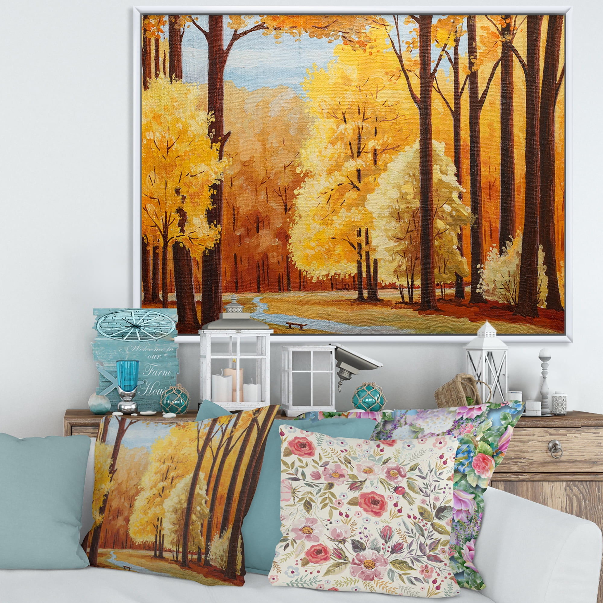 Orange Autumn Trees At Sunrise 40 in x 30 in Framed Painting Canvas Art Print, by Designart
