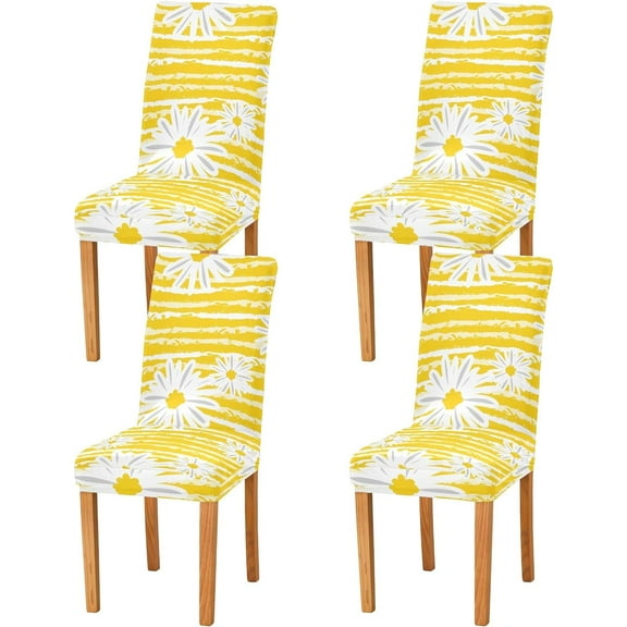 Cute Daisy Yellow Stripes Parson Chair Covers, Chair Covers for Dining Room 4 Pack, Chair Cushion Covers for Dining Chairs, Spandex and Polyester Covers for Kitchen Chairs