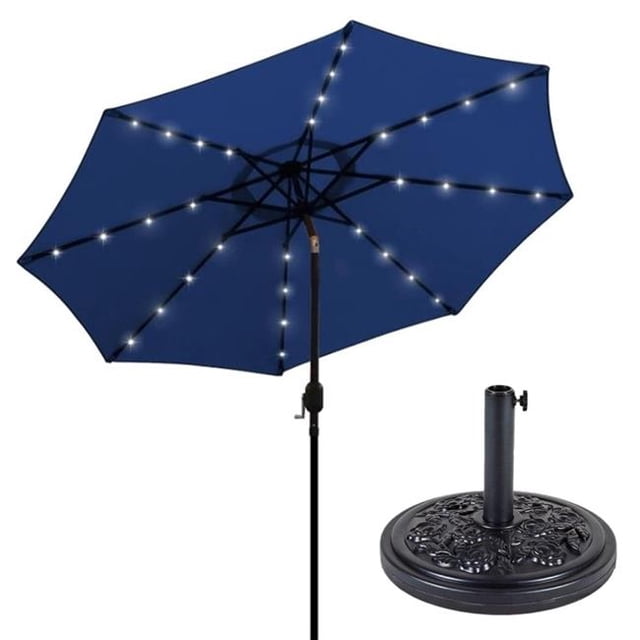 Hiland MKC-UMB-BL AZ Patio Heaters Solar Market Umbrella with LED Lights in Blue with Base