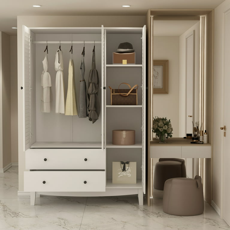 OXYLIFE White Wardrobe Armorie with Shutter Door, Modern Closet Cabinet  with Clothes Rail and Drawers for Bedroom 
