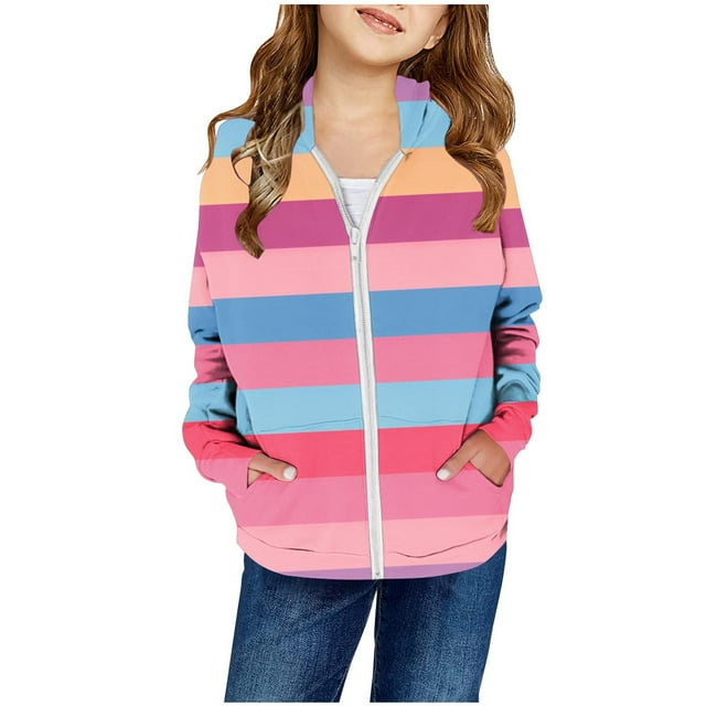 MEZZALL Girls Spring Color Block Print Patch Pocket Zipper Sweatshirt Hooded Cardigan Jacket Cute Toddler Dailywear, Pink, 2-3 Years