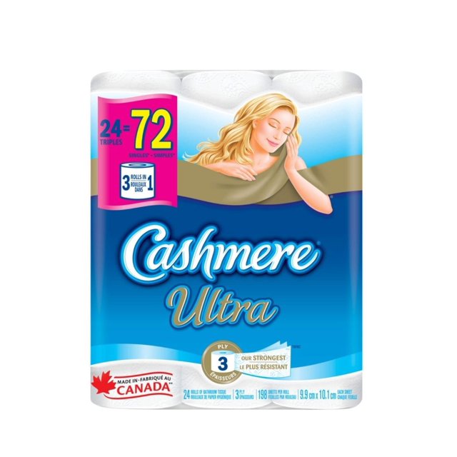 Cashmere Papier Hygiénique Ultra Triple Rouleau, Papier de Salle de Bain 3 Épaisseurs, Lot de 24. l'Emballage Met en Valeur Sa texture Matelassée pour Douceur et Force, Propriétés Hypoallergéniques et Approbation des Dermatologues. Chaque Rouleau Équivaut à Trois Rouleaux Simples, Offrant une Utilisation Prolongée. Fabriqué au Canada.