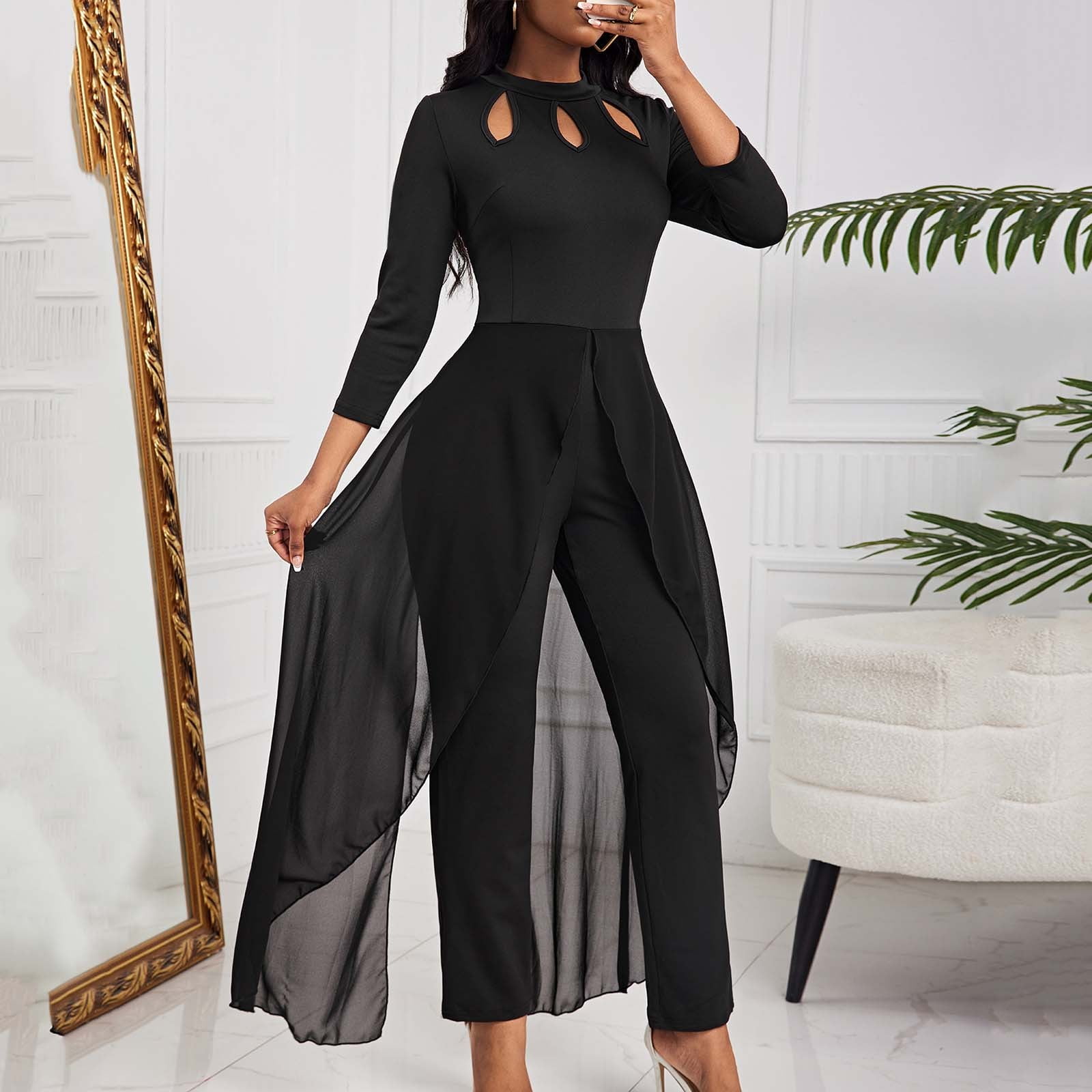 Jumpsuit for Women Dressy Cutout Crepe Overlay Long Sleeve Elegant Flowy  Formal Cocktail Party Romper - Walmart.com