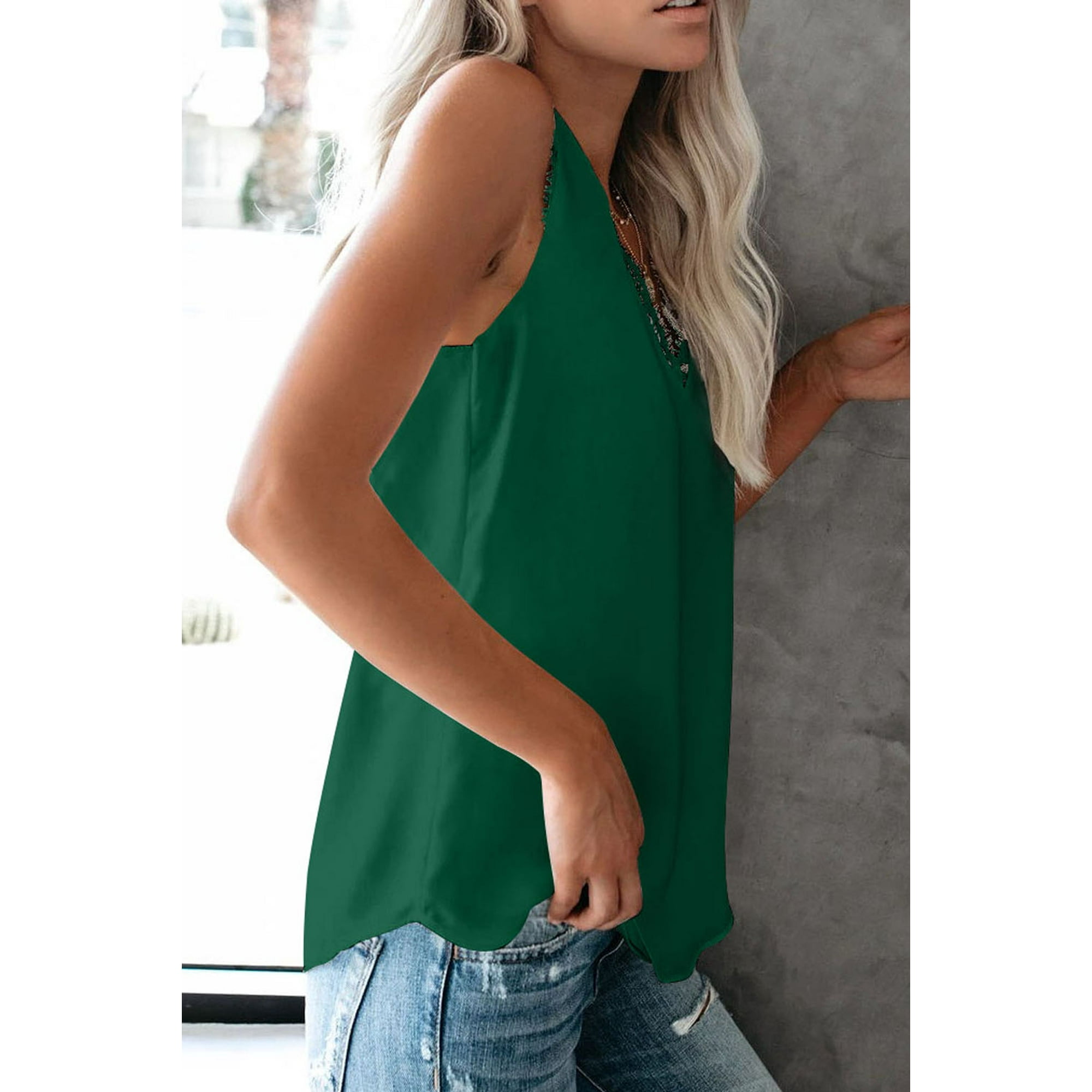 Debardeur Femme en Dentelle Sans Manches Vert Fonce avec Col en V