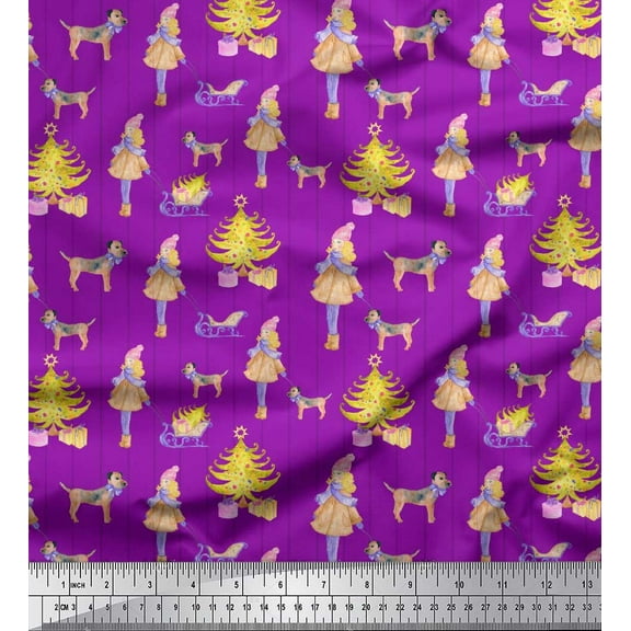 Soimoi Purple Cotton Voile Fabric Women,Gift Box & Tree Christmas Print Fabric by the Yard 42 Inch Wide