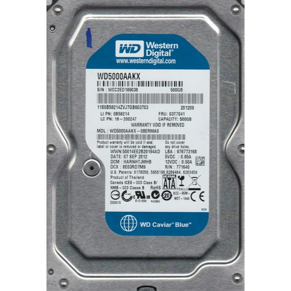 WD5000AAKX-08ERMA0, DCM HARNHTJMHB, Western Digital 500GB SATA 3.5 Hard Drive