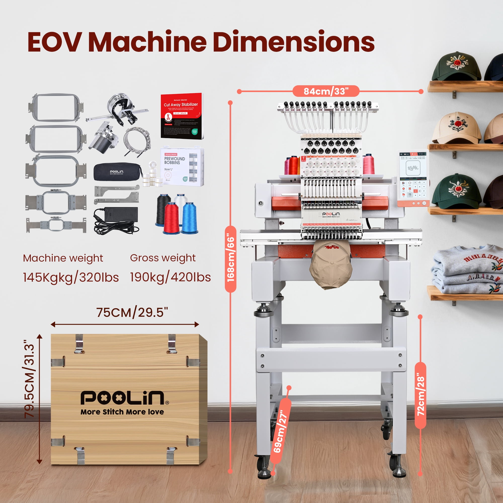 Poolin EOV 15-Needle Embroidery Machine High-Speed , Compact Multi-Needle for Built for Growing Business & Bulk Orders, Cap & Flat Embroidery