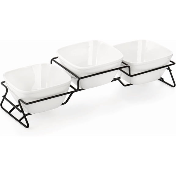 10 oz Square Bowl Chip & Dip Serving Set, Pocelain Ramekin Bowls with Metal Rack Stand, White Small Serving Dishes, Condiment Serving Tray for Entertaining, Party, Buffets, Christmas