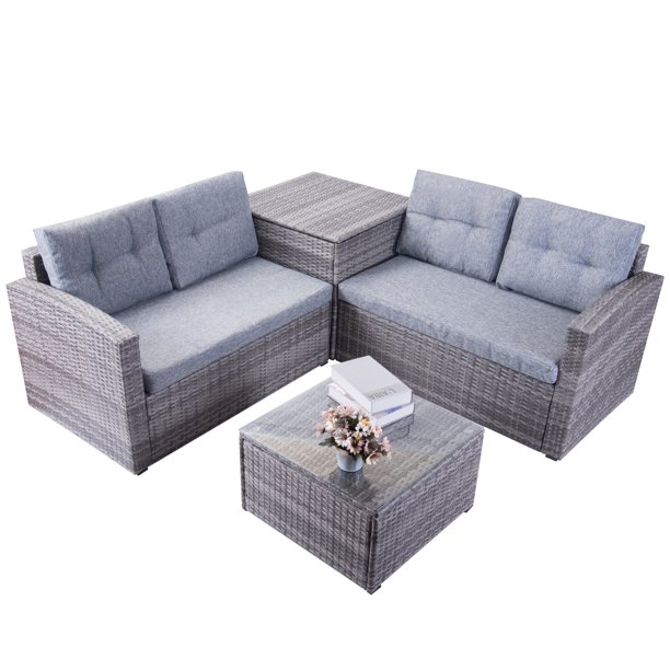 enyopro Patio Rattan Sectional Couch Set, 4 Piece Outdoor ...