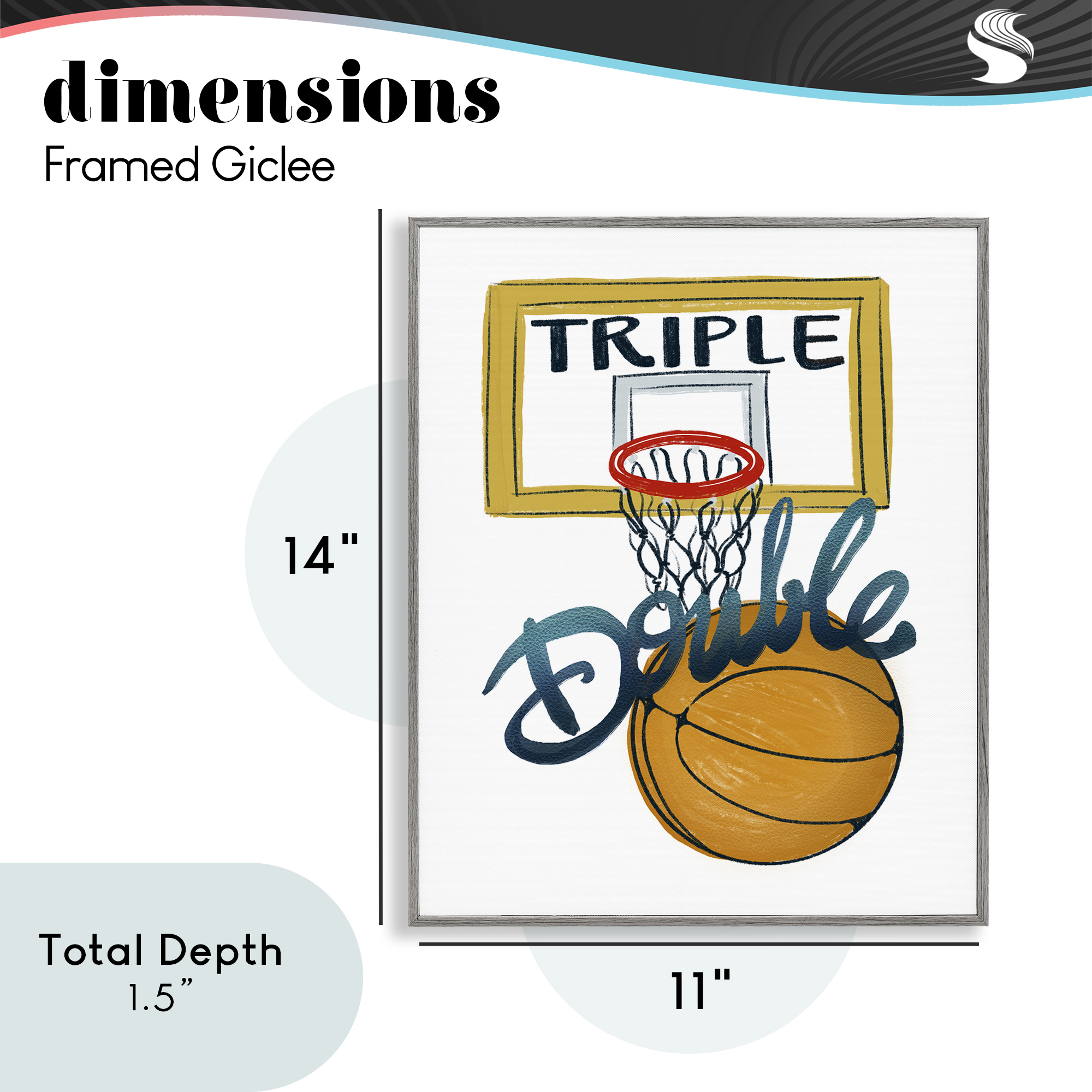 Triple Double Basketball Gray Framed Giclee Art, design by Connie Summers
