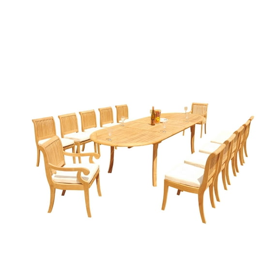 Grade-A Teak Dining Set: 12 Seater 13 Pc: 118" Oval Table And 12 Giva Chairs (2 Arm & 10 Armless Chairs) Outdoor Patio WholesaleTeak #51GV2613