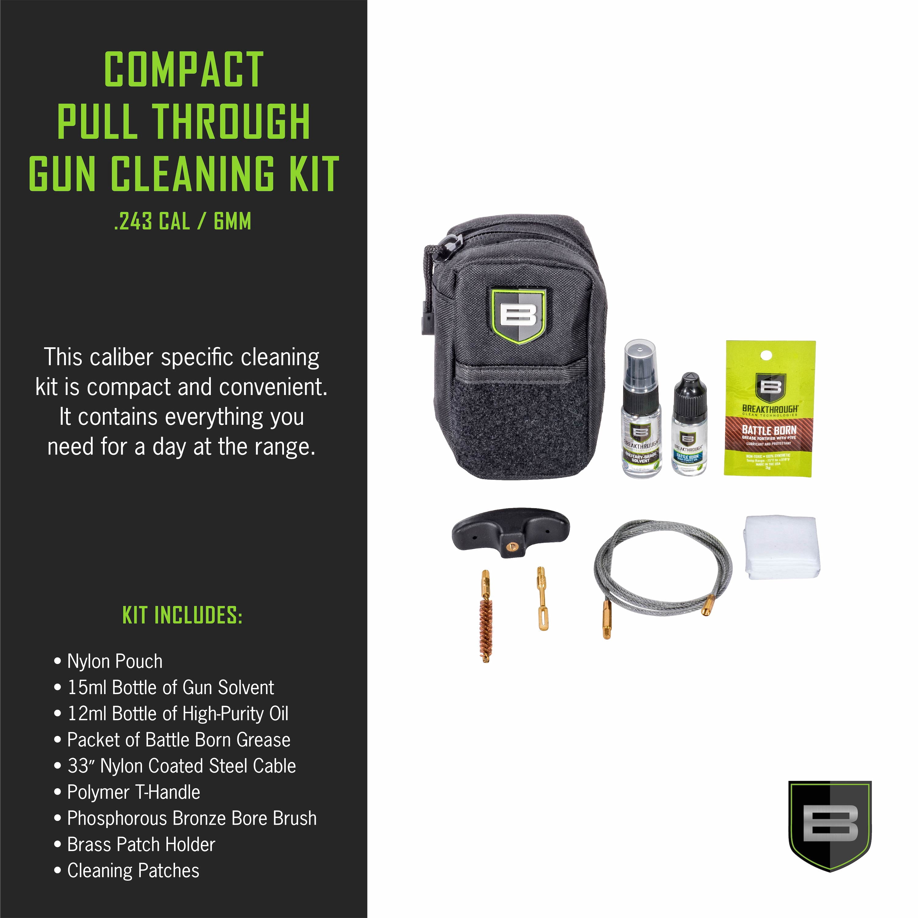 Breakthrough Clean Technologies® Compact Pull Through (COP) Gun Cleaning Kit, .243 Caliber & 6mm, Multi-Color