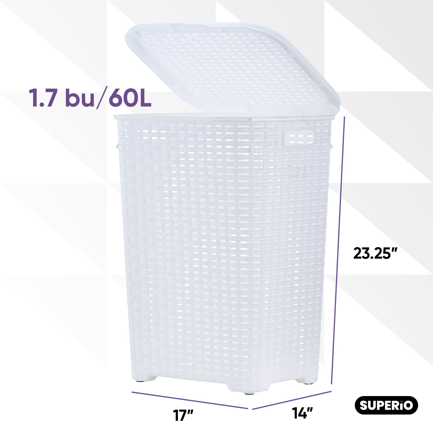 Laundry Basket, Laundry Hamper with Lid, Large 60-liter Wicker Style Hamper with Cutout Handle, to Storage Dirty Clothes in Washroom, Bathroom, Bedroom, or Dorm Room, White Color. By Superio