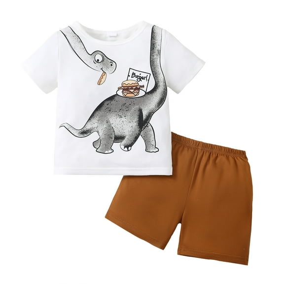 5T Baby Boys Clothes Baby Boys Outfits 5-6 Years Little Boys Short Sleeve Dinosaur Print Top Shorts 2PCS Boys Summer Clothing Set White